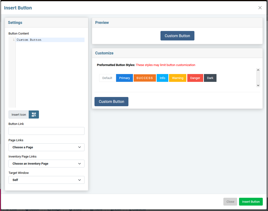 Inserting a button in the Sandhills CMS